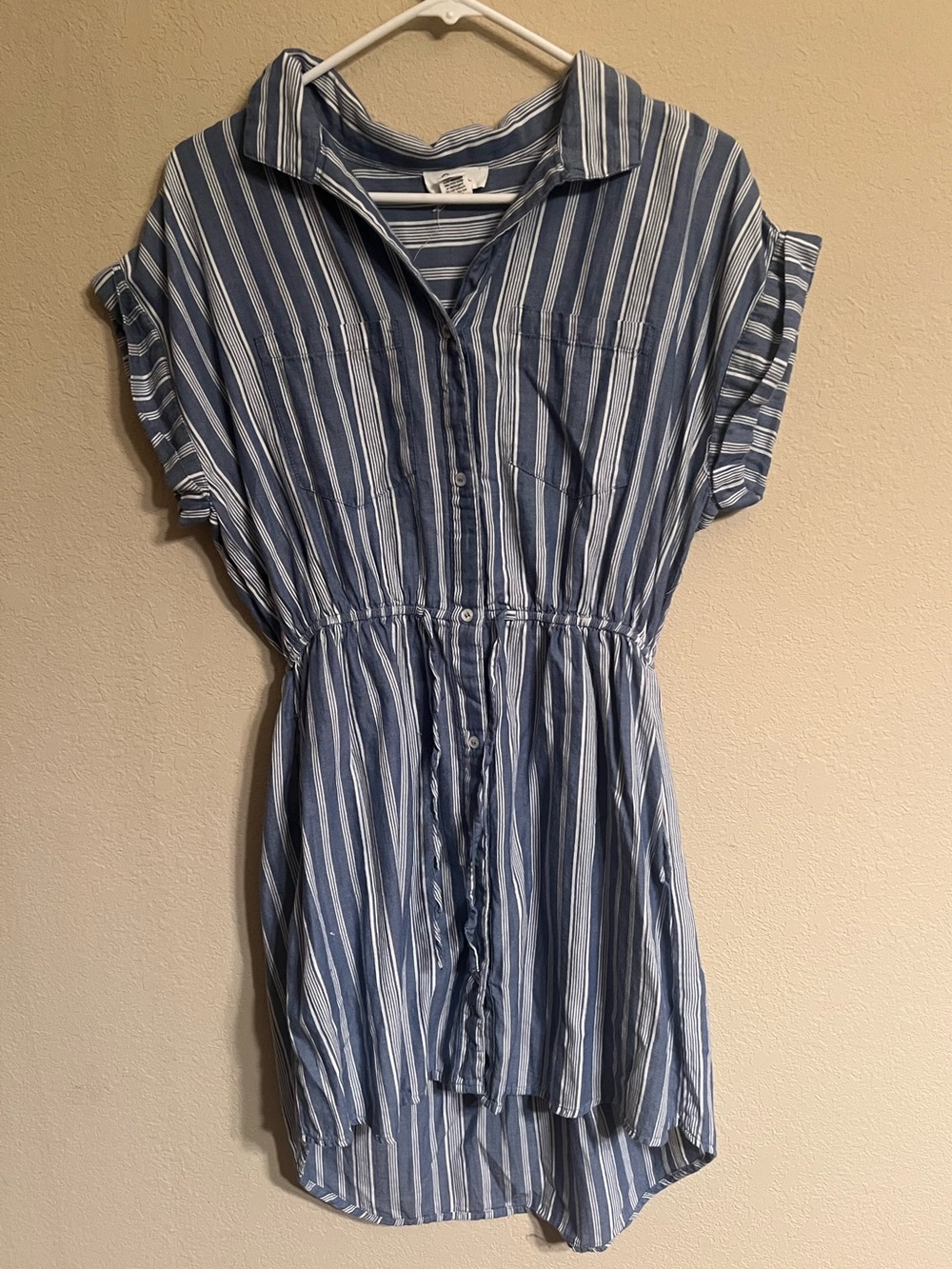 Blue and White Striped Button-Front Shirt Dress